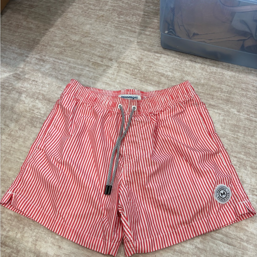 Magic Red and White Striped Athletic Shorts with Drawstring